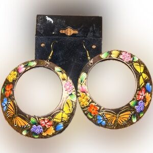 Hand painted Michoacán Floral Butterfly Hoop Earrings